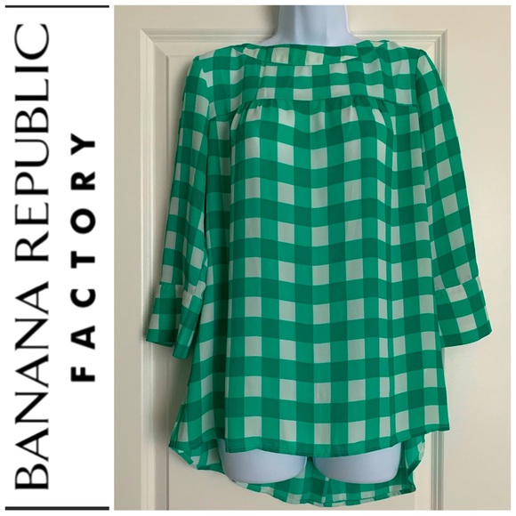 BANANA REPUBLIC BLOUSE GREEN PLAID TOP 3/4 SLEEVES SZ SMALL - Picture 2 of 7